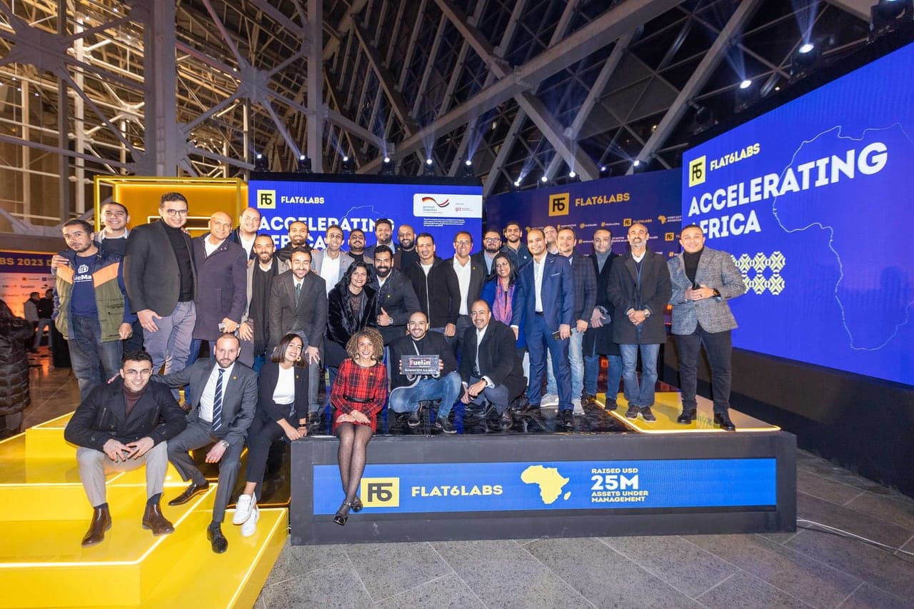 Flat6Labs team and founders together on the Demo Day stage at the Grand Egyptian Museum.