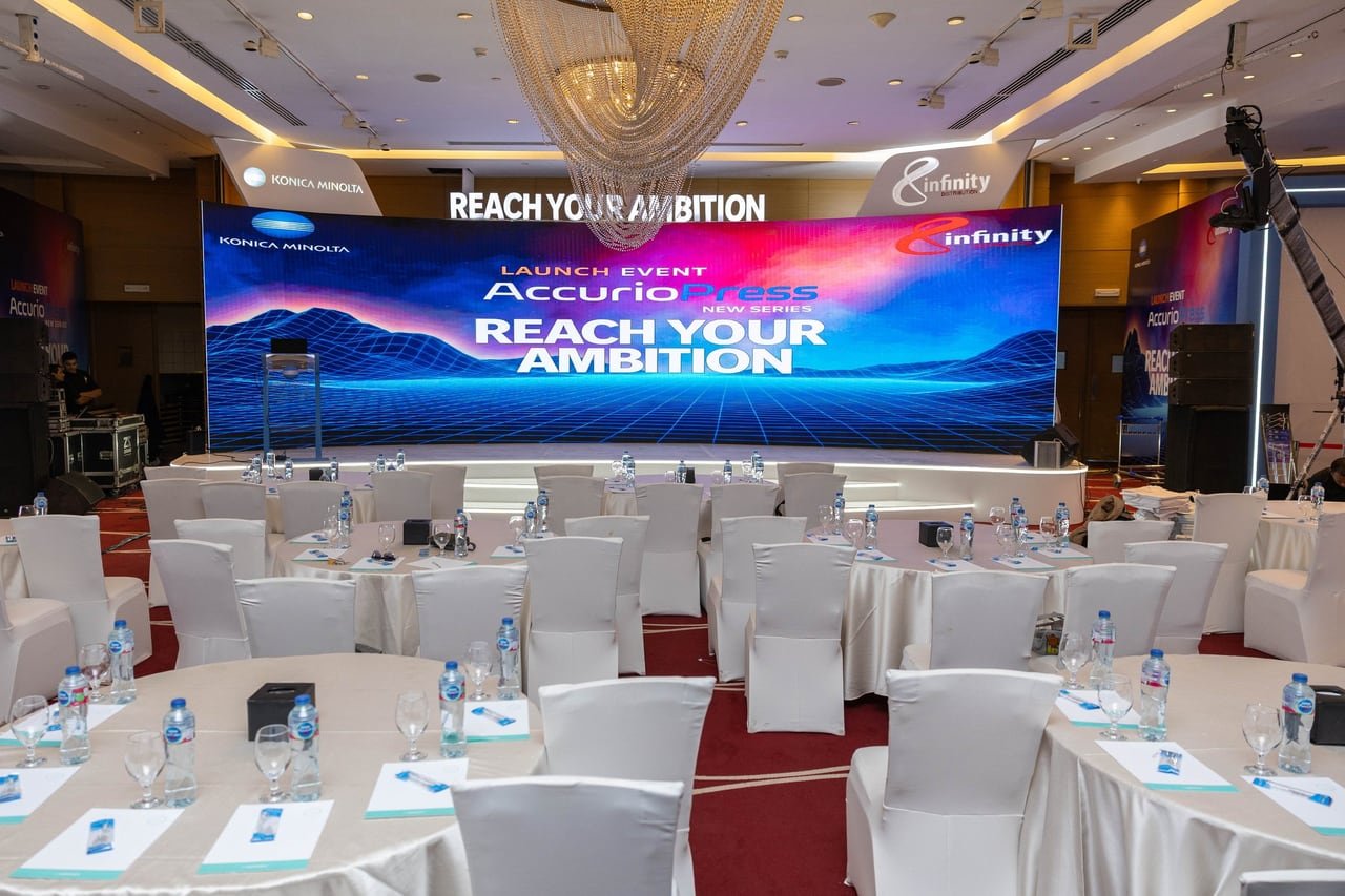 The ballroom and LED stage set and waiting for guests.