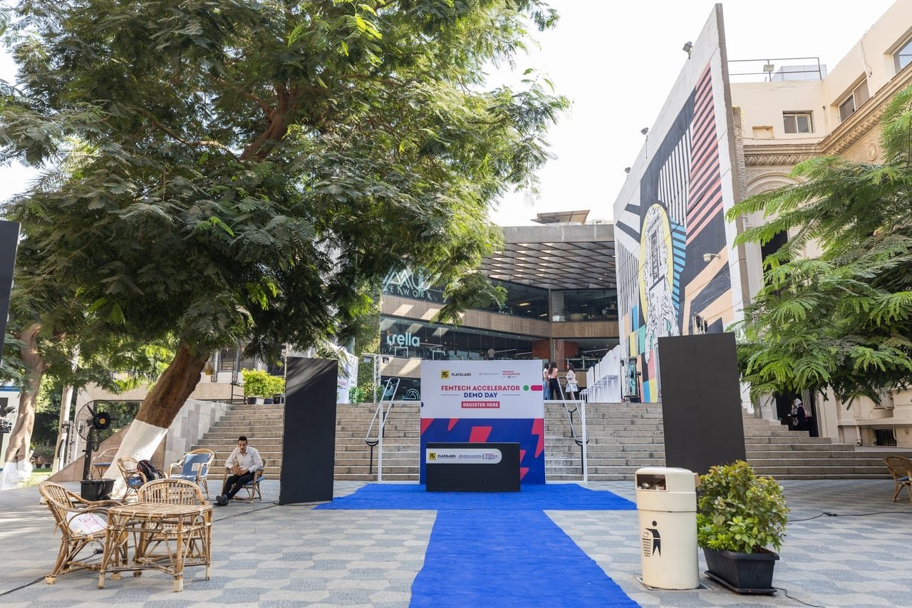 A lounge under the trees beside the blue carpet.
