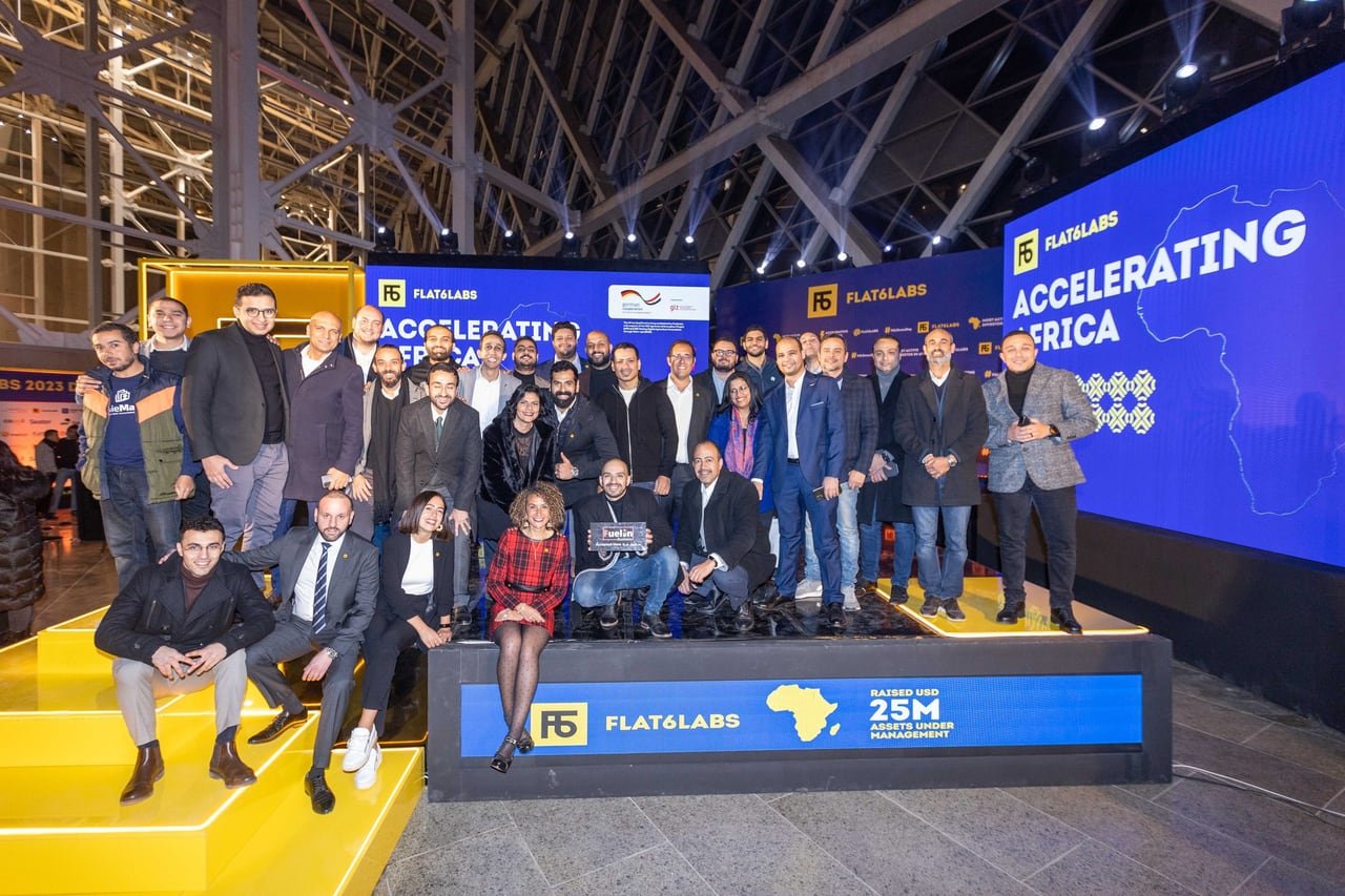 Flat6Labs team and founders together on the Demo Day stage at the Grand Egyptian Museum.