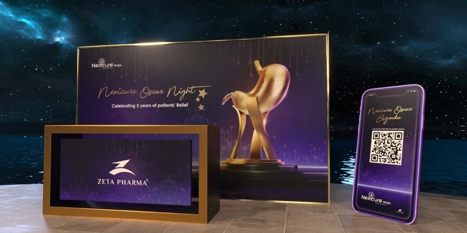 3D render of the registration desk and golden statue.