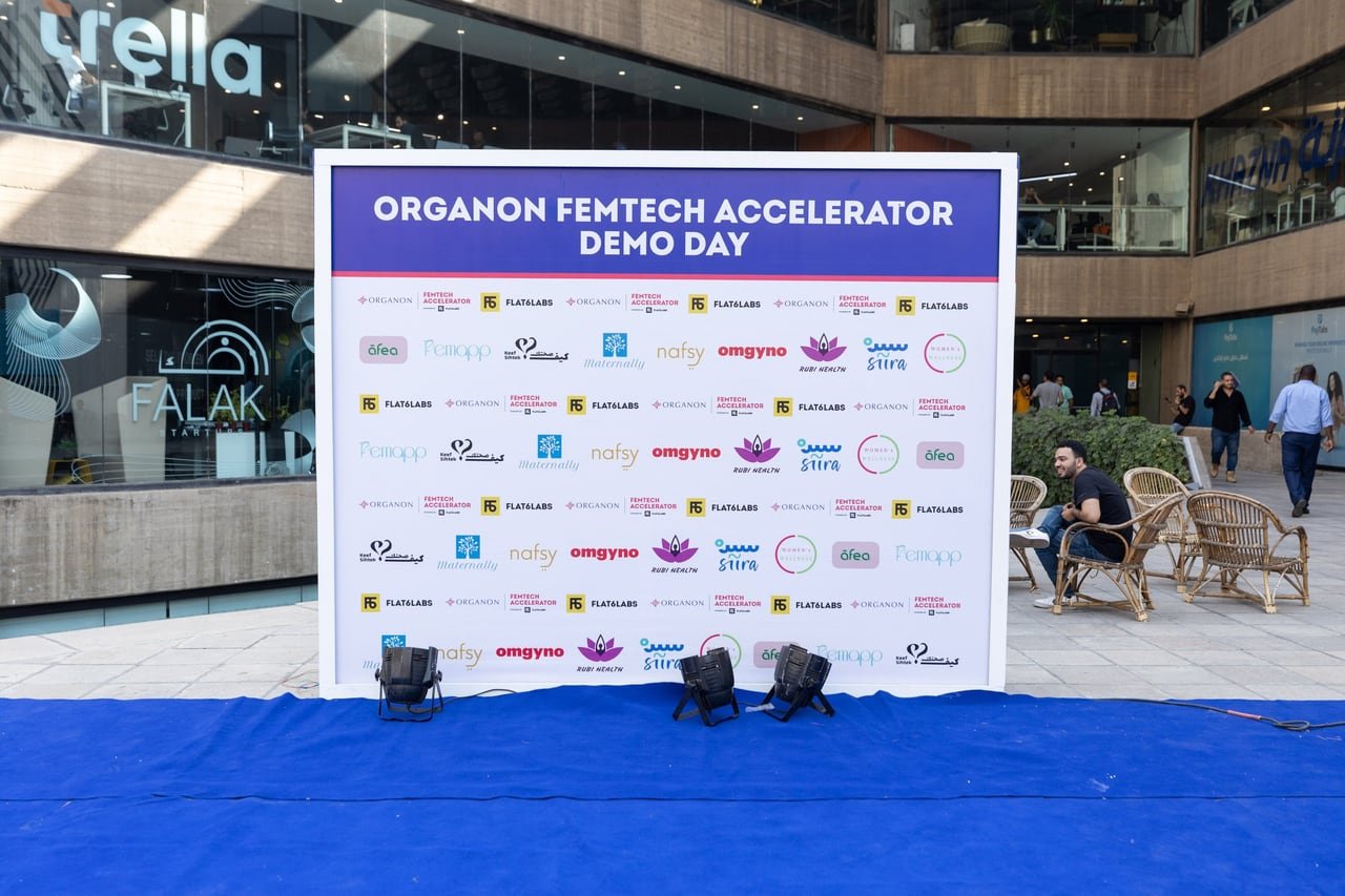 The partners’ backdrop for the FemTech demo day, ready for photos.